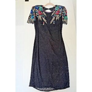 Vintage SCALA Black Beaded Sequin Floral Cocktail Evening Dress Milano Paris